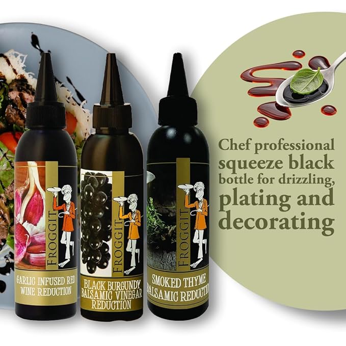 Froggit 3-Piece Garlic Infused Red Wine Vinegar, Burgundy Bliss Balsamic Reduction, Smoked Thyme Balsamic Vinegar Reduction, 150ml Non GMO