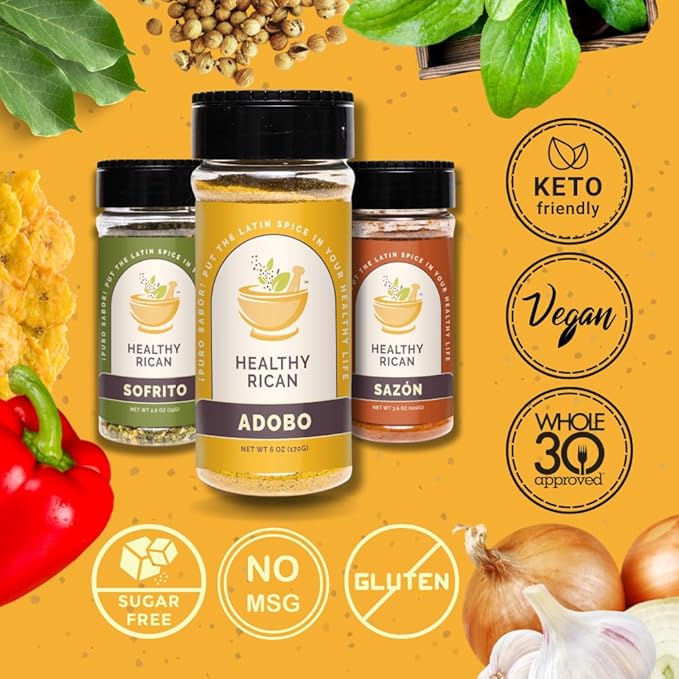 Healthy Rican Adobo Sazon Sofrito Seasoning and Herbs Mix Dry Non GMO No Preservatives MSG Artificial Coloring Gluten Free Diabetes Keto Friendly Whole 30 Approved (Regular Variety Bundle)