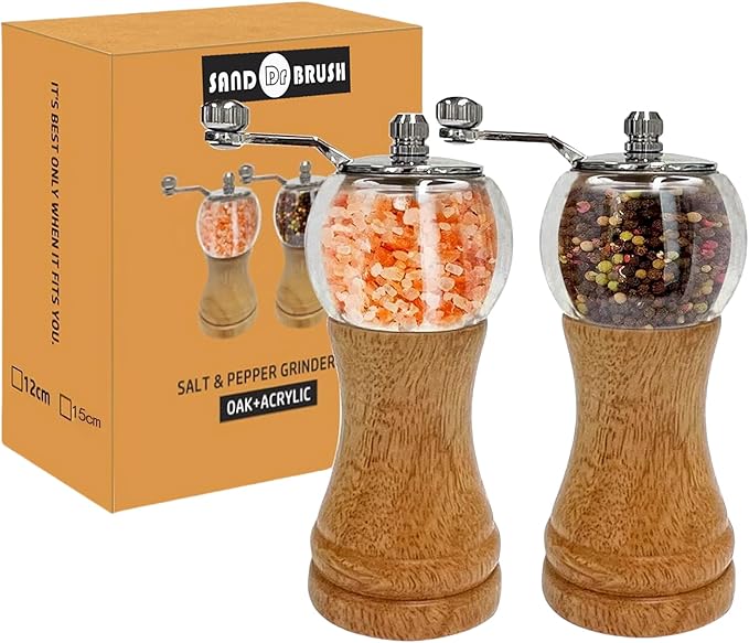 Pepper Mill Manual Pepper Grinder Set, Classical Hand Shake Wooden Pepper Mills Set Salt Mills Ceramic Core Grinding Metal Handle, Enjoy Fresh Ground Pepper Sea Salt Various Spices