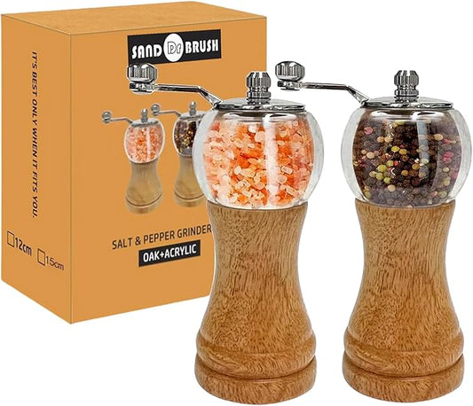 Pepper Mill Manual Pepper Grinder Set, Classical Hand Shake Wooden Pepper Mills Set Salt Mills Ceramic Core Grinding Metal Handle, Enjoy Fresh Ground Pepper Sea Salt Various Spices