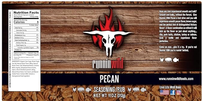Gourmet Pecan Rub | Pecan BBQ Seasoning Rub for Turkey, Pork, Ribs, Chicken and Salmon | No Artificial Flavors and No MSG added | Runnin??Wild Foods, 11 ounces