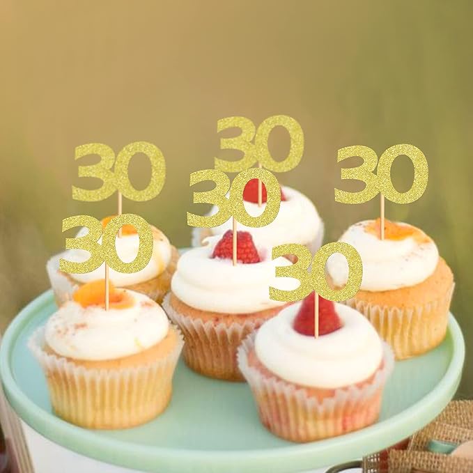 24PCS Gold Glitter 30th Birthday Cupcake Toppers Number 30 Birthday Celebrating Cake Decorations Supplies for Birthday Anniversary Party