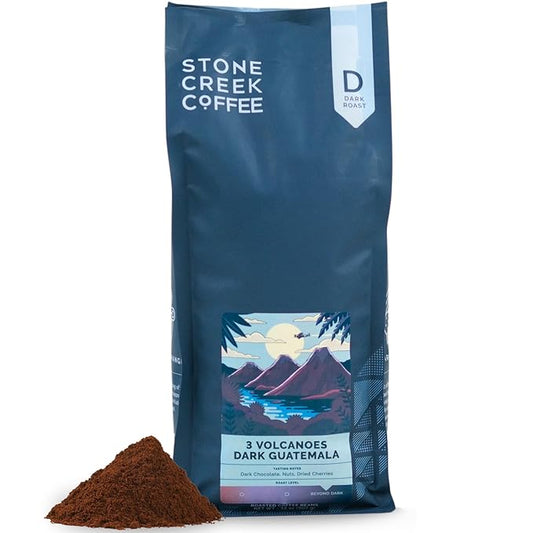 Stone Creek Coffee Dark Roast Ground Coffee ??2 LB (Pack of 1) ??Smooth and Chocolatey Fresh Roasted Coffee Beans with Rich and Fruity Tasting Notes, 3 Volcanoes Dark Guatemala
