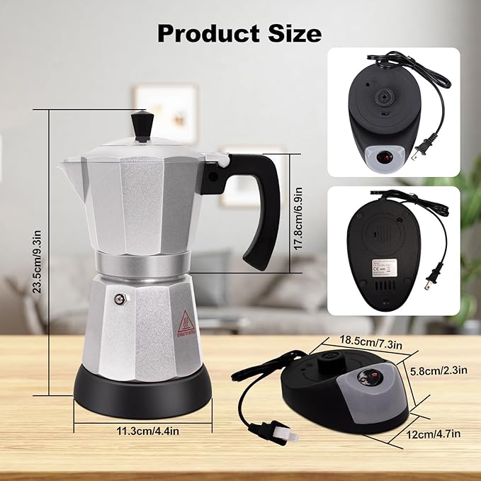 Electric Aluminum Moka Pot 5-6 Cup 270ml Espresso Maker with Detachable Base Ideal Coffee Makers for Home MochaPot Italian and Cuban Cafì±?Coffeemaker Espressomaker CoffeePot Silver