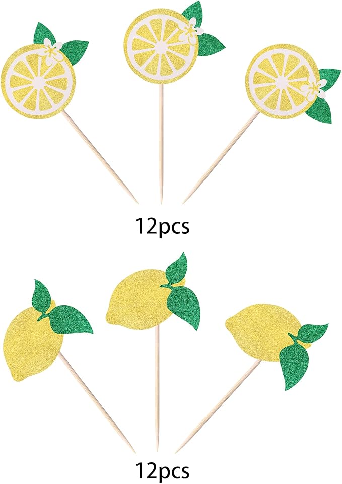 24 Pack Lemon Cupcake Toppers Glitter Fruit Theme Cupcake Picks Summer Lemona Pool Beach Barbecue Cupcake Decorations Lemon Baby Shower Birthday Themed Party Wedding Party