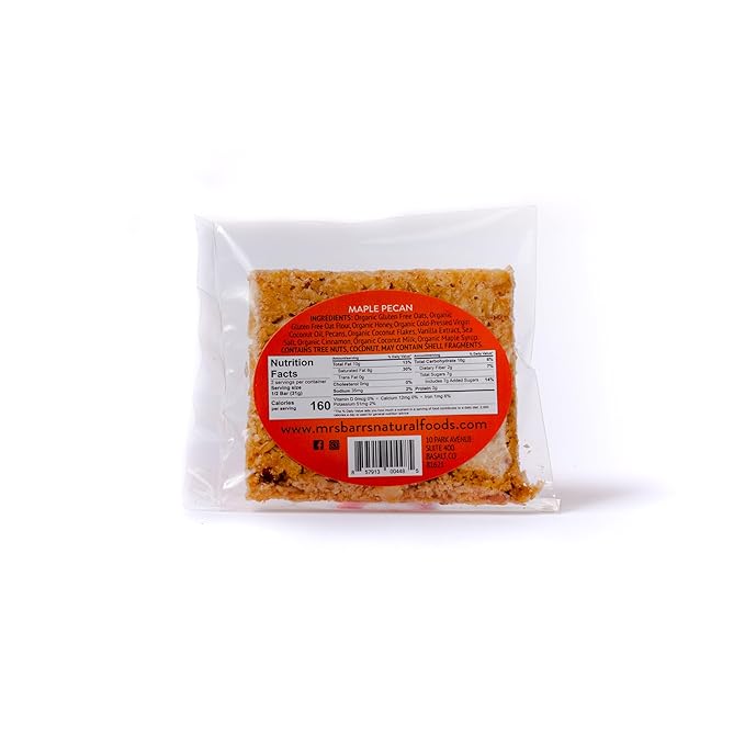 Mrs. Barr’s Natural Foods Granola Bars | Maple Pecan | Certified Organic Gluten Free Oats | Soft Texture | Small Batch | Gourmet Quality | Real Ingredients | 2.2 Ounces (6 Pack)