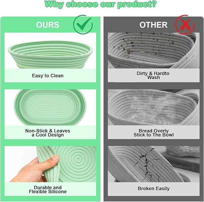 Sourdough Bread Baking Supplies, Silicone Banneton Bread Proofing Basket Set of 2, 9 Inch Round & 10 Inch Oval Foldable Sourdough Proofing Basket, Sourdough Starter Kit, Bread Making Tools (Green)