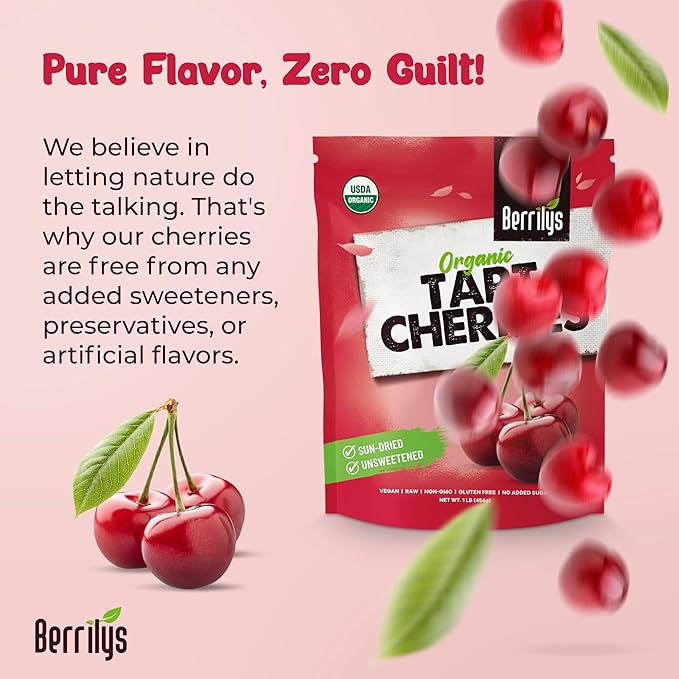 Berrilys Organic Unsweetened Dried Tart Cherries 1 lb, (16 oz) - No Sugar Added, Perfect for Baking, Snacking & Salads - Unsweetened - Non-GMO, Vegan, Cherries for Healthy Living