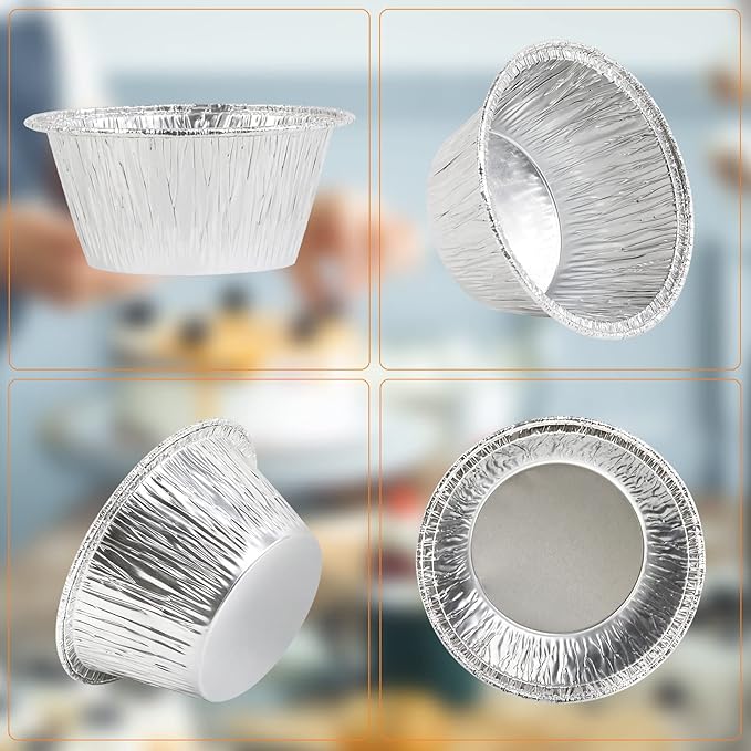 Aluminum Foil Baking Cups, Disposable Ramekin 4 Oz Silver Foil Cupcake liners, 150 Pcs Aluminum Baking Cups Egg Tart Liners for Baking, Cupcake, Pudding, Muffin, Creme Brulee