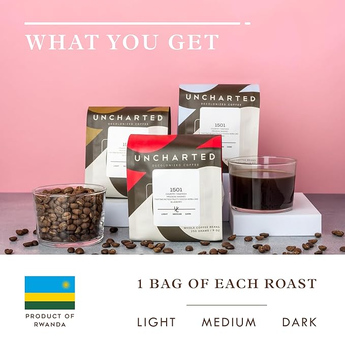 Single-Origin Organic Coffee Beans Gift Box, Light, Medium and Dark Roast Organic Whole Bean Coffee, 3 Pack Explorer, 9 oz each, 1904 Rwanda by Uncharted Coffee