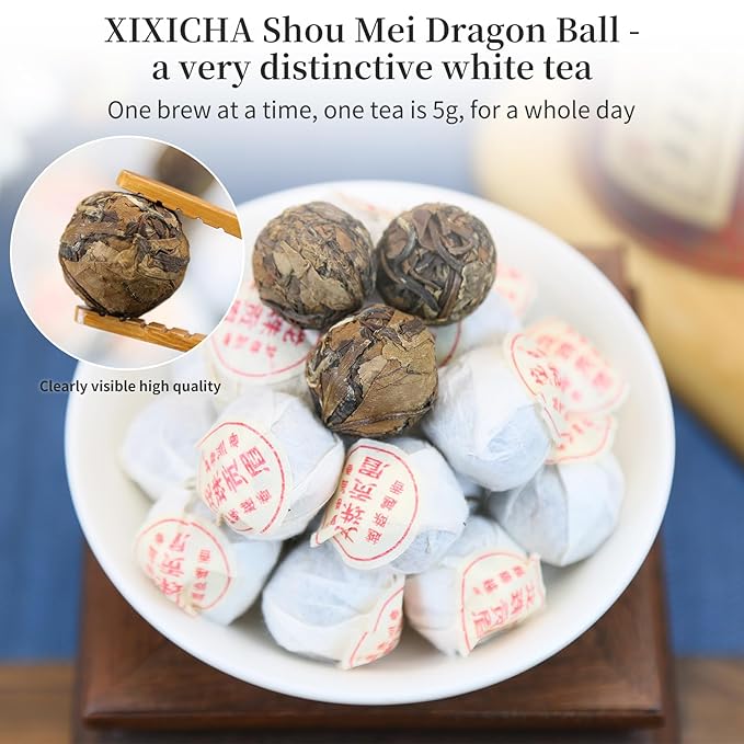 XIXICHA Shou Mei White Tea Pearls Tea Aged White Tea Dragon Pearls Tea Shoumei Tea Fuding White Tea Balls Chinese Tea White Bai Cha Long Zhu 白茶 寿眉 老白茶 福鼎白茶 寿眉龙珠