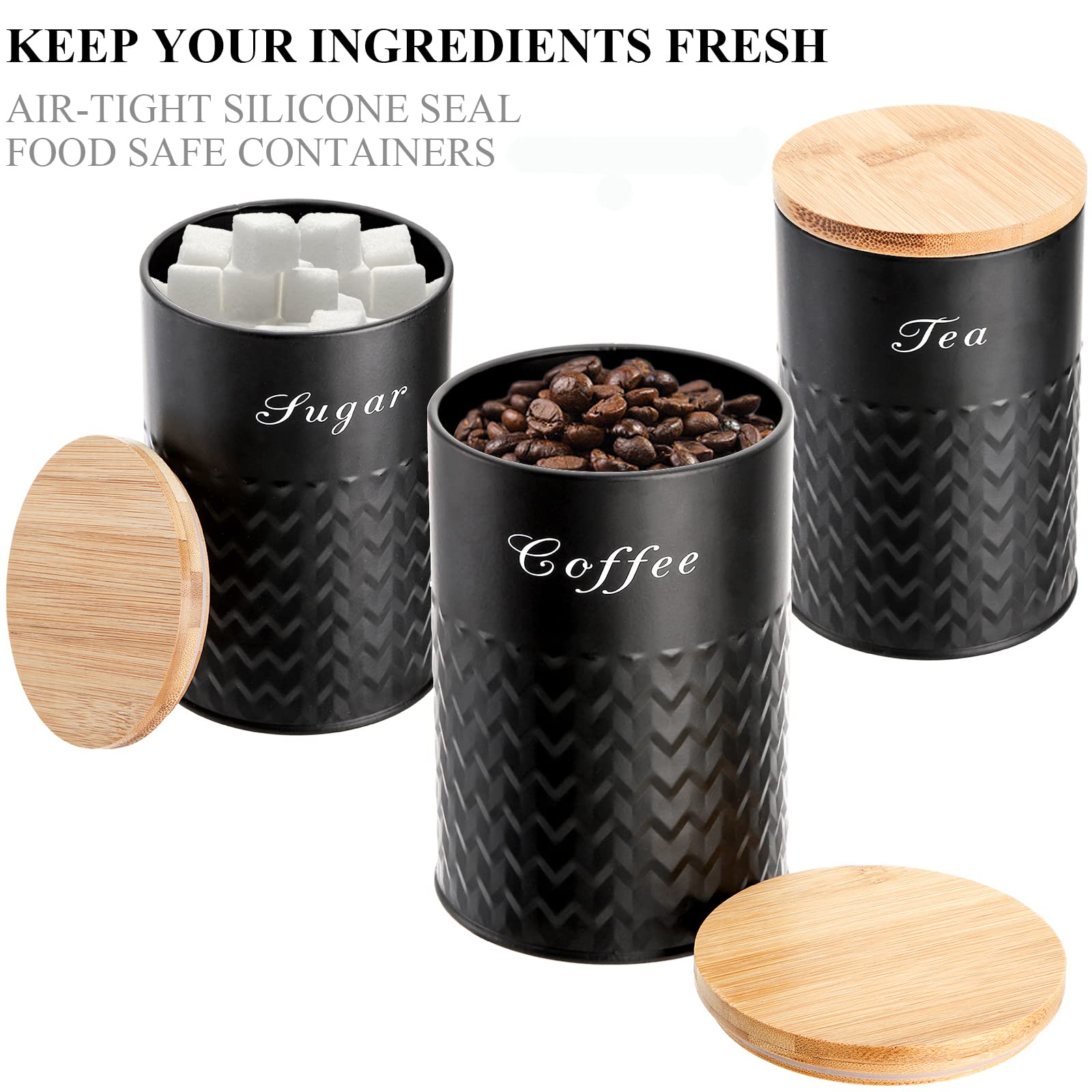Bekith 3 Pack Kitchen Canisters with Bamboo Lids, Airtight Metal Canister Set, Food Storage