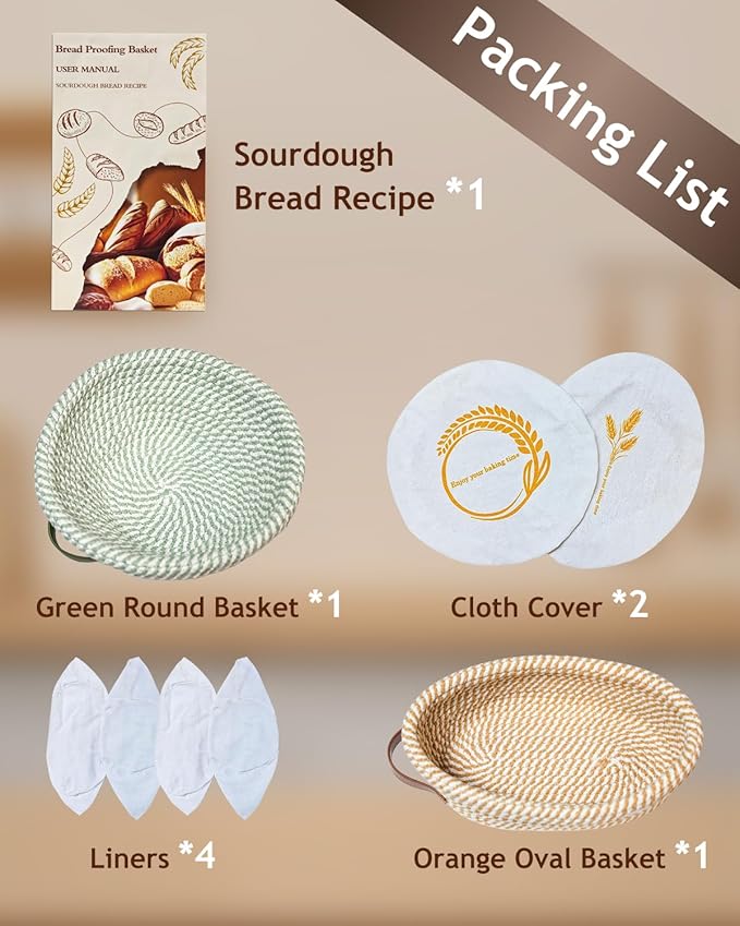 Banneton Bread Proofing Basket Set,Cotton Rope Sourdough Banneton Basket Oval Round, 10 inch Sourdough Bread Baking Supplies with 4 Liners, Handmade Proofing Bowls for Artisan Bakers Starter
