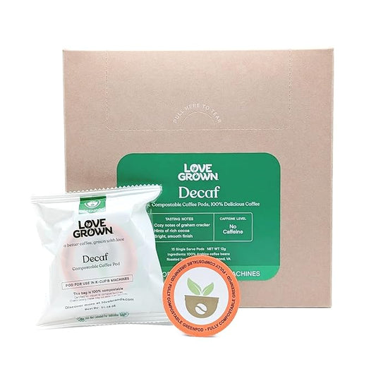 Love Grown Compostable Coffee Pods - Compatible with Single-Serve Brewing Machines - 100% Arabica Beans, Plastic-Free, Gluten-Free, Non-GMO - Decaf, Box of 15