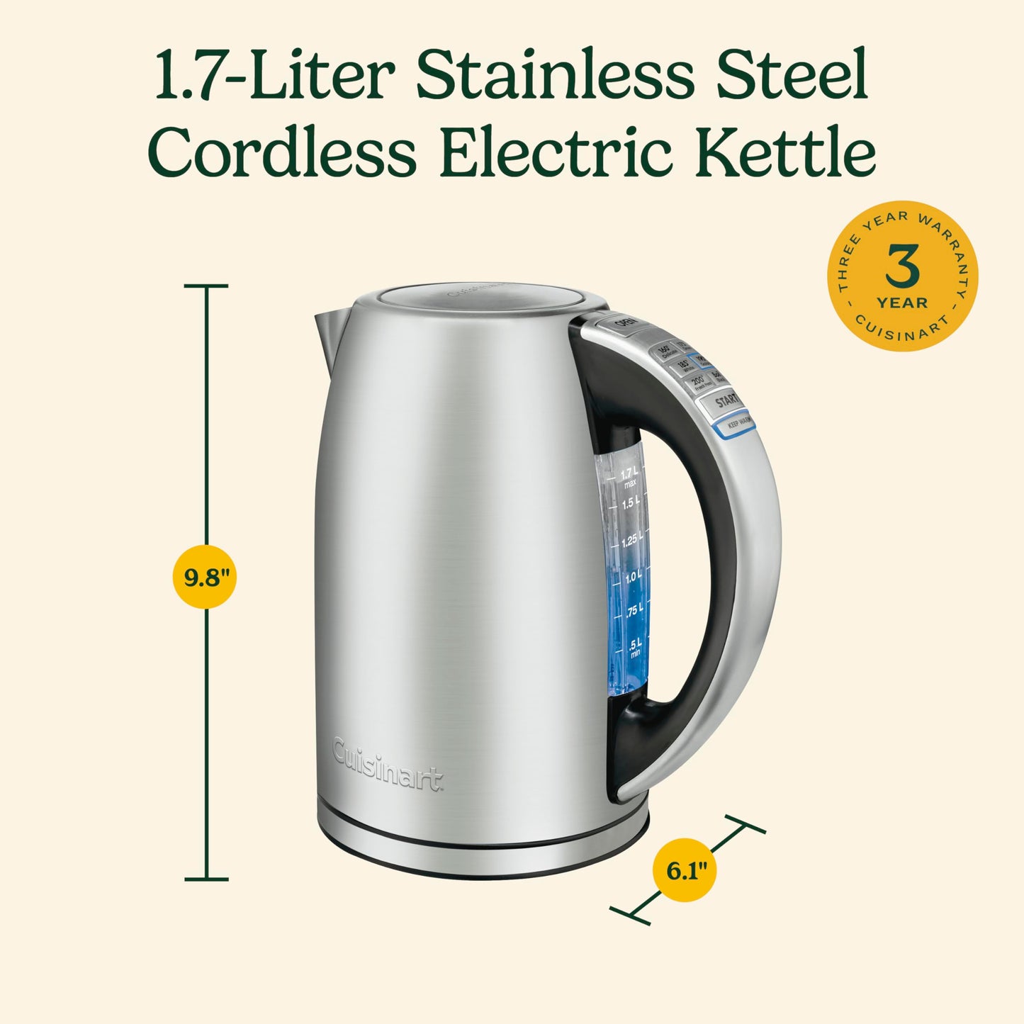 Cuisinart Electric Kettle, 1500W Fast Heating, 6 Temp Presets, 1.7L