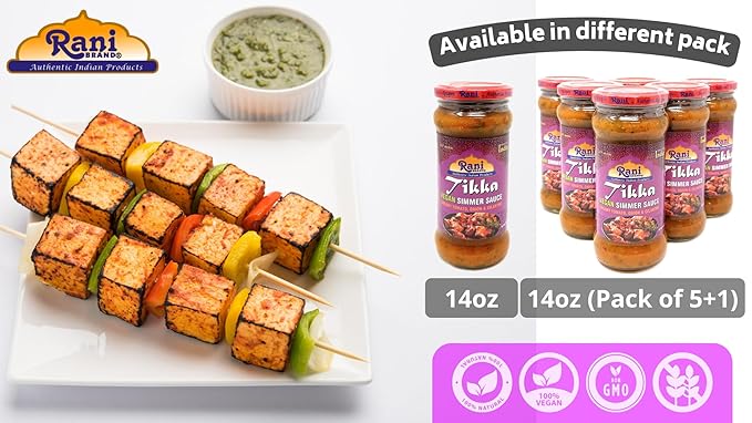 Rani Tikka Curry Vegan Simmer Sauce (Creamy Tomato, Onion & Cilantro) 14oz (400g) Glass Jar, Pack of 5 +1 FREE ~ Easy to Use | Vegan | No Colors | All Natural | NON-GMO | Gluten Free | Indian Origin