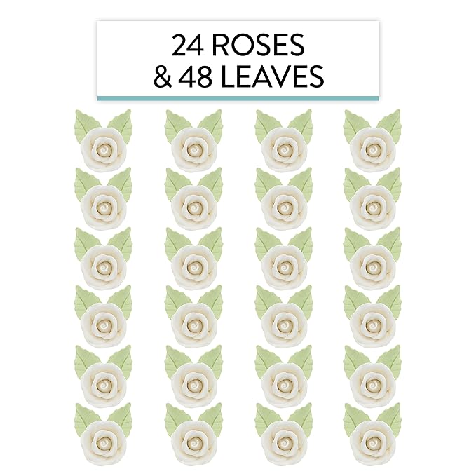 Global Sugar Art Premium Wedding & Party Edible Rose Cake & Cupcake Sugar Flowers, White, 24 Count with Leaves by Chef Alan Tetreault