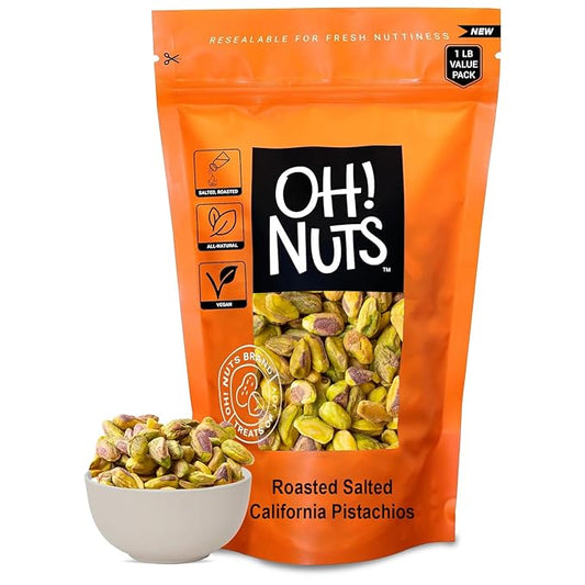 Oh! Nuts Pistachios No Shell - Roasted Salted - 1 lb - Shelled California Pistachios - Packed in New York Zip-Seal Bag for Exceptional Freshness