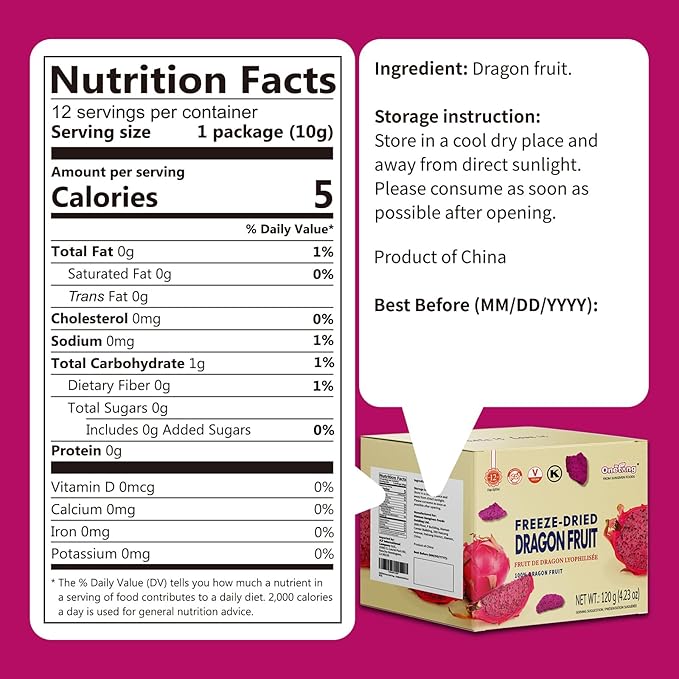 ONETANG Freeze Dried Dragon Fruit Chips (Pack of 12) for Drinks Refreshers, Healthy 1 Ingredient Superfood Snack, Crunchy Crisp, Dehydrated Dry Red Pitaya Pieces, Gluten Free Vegan 4.23 Oz