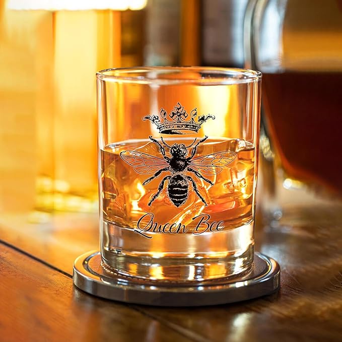 Voatok Vintage Queen Bee Whiskey Glasses 10 oz, Queen Bee Themed Gifts for Women Lovers, Old Fashioned Rocks Glasses for Women Drinking Scotch Bourbon Cocktail Liquor Vodka