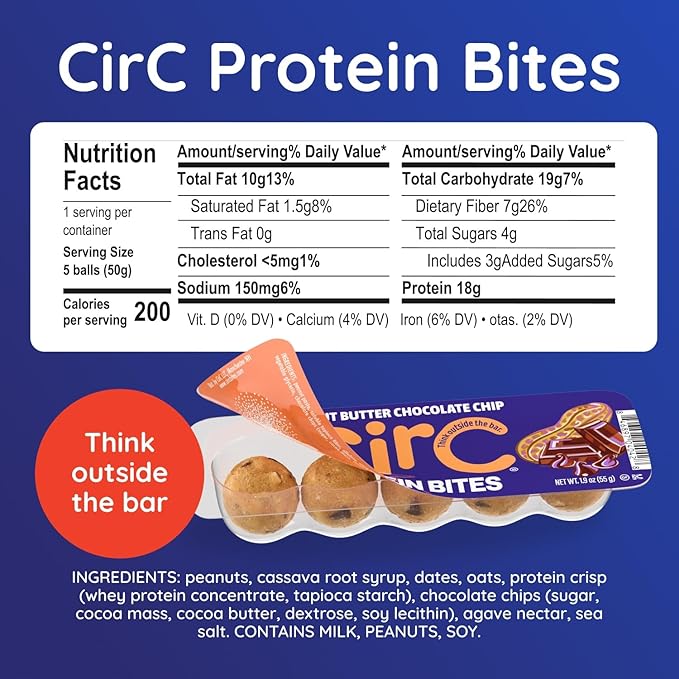 CirC Protein Bites - 12 Count Peanut Butter Chocolate Chip High Energy Balls - 18g of protein 4g of Collagen, 5g of net carbs, Whey & Peanuts - Portable Healthy Snacks in 5-Piece Resealable Packs