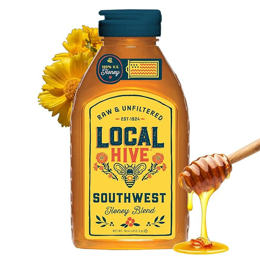 Local Hive Southwest Raw Unfiltered Honey – 16 oz, 100% Pure US Honey, Sourced from American Bees and Beekeepers - Natural Sweetener, Ideal for Tea, Baking, and Cooking