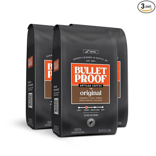 Bulletproof Original Medium Roast Ground Coffee, 12 Ounces (Pack of 3), 100% Arabica Beans, Clean Coffee Tested for Toxins, Packaging May Vary