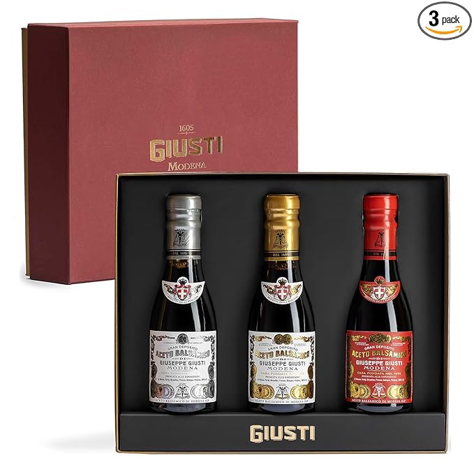 Giusti Balsamic Vinegar of Modena Trio Gift Set ??3 Bottles of Premium Italian Aceto Balsamico di Modena IGP Matured to Different Levels, Gourmet Collection in an Elegant Box ??3 x 3.38 fl oz