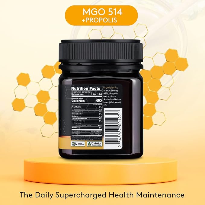 Nature’s Gold Raw Manuka Honey with Australian Native Bee Propolis, MGO 514+ | 8.8oz (250g), 100% Pure Genuine Traceable Hive to Home
