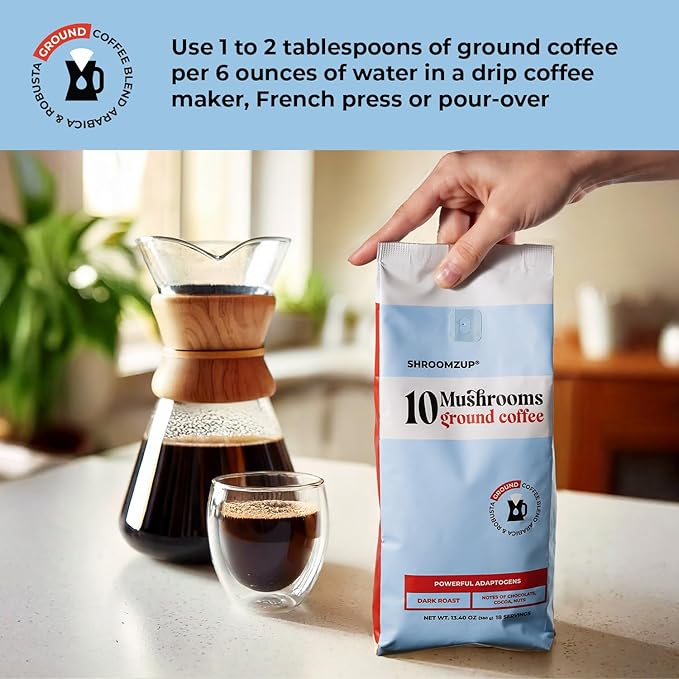 Shroomzup Ground Mushroom Coffee for Brewing - 10 Mushrooms Dark Roast - Lion's Mane, Reishi, Chaga, Turkey Tail, Cordyceps, Shiitake Mushroom Coffee for Energy and Focus - 13oz Bag
