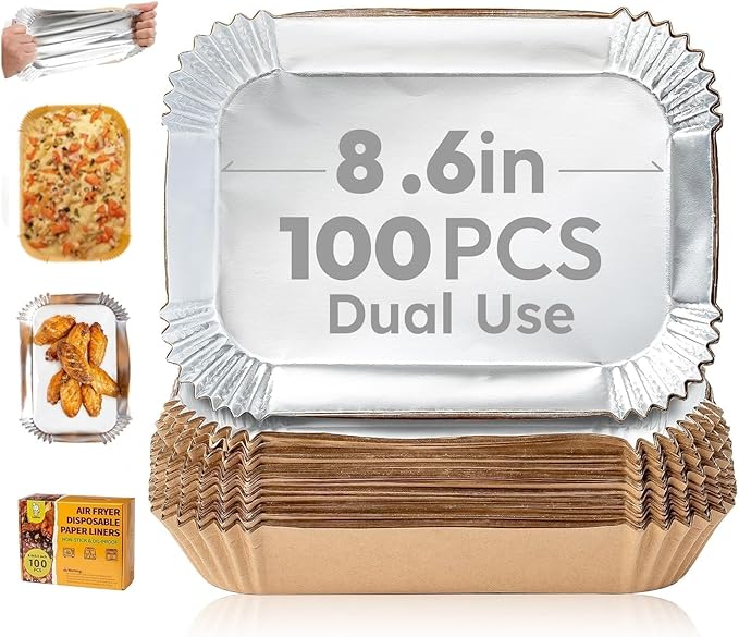 Katbite Rectangle Air Fryer Liners Disposable for Greasy Foods,8.6x5.5",Non-Stick Food-Grade Paper Inside &Reinforced Aluminum Outside,Airfryer Accessories for Dual Basket,Foodi DZ201,DZ401,DZ090