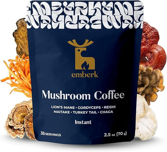 Emberk Organic Instant Mushroom Coffee - 35 Servings of Arabica Coffee with Six 100% Fruiting Body Mushrooms for Mental Clarity, Sustained Energy, Gut Health and Immune Support - 70g