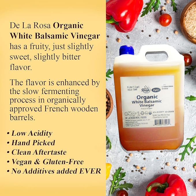 De La Rosa Organic White Balsamic Vinegar, Vegan, Kosher, Non-GMO & Gluten Free, Great for Salad