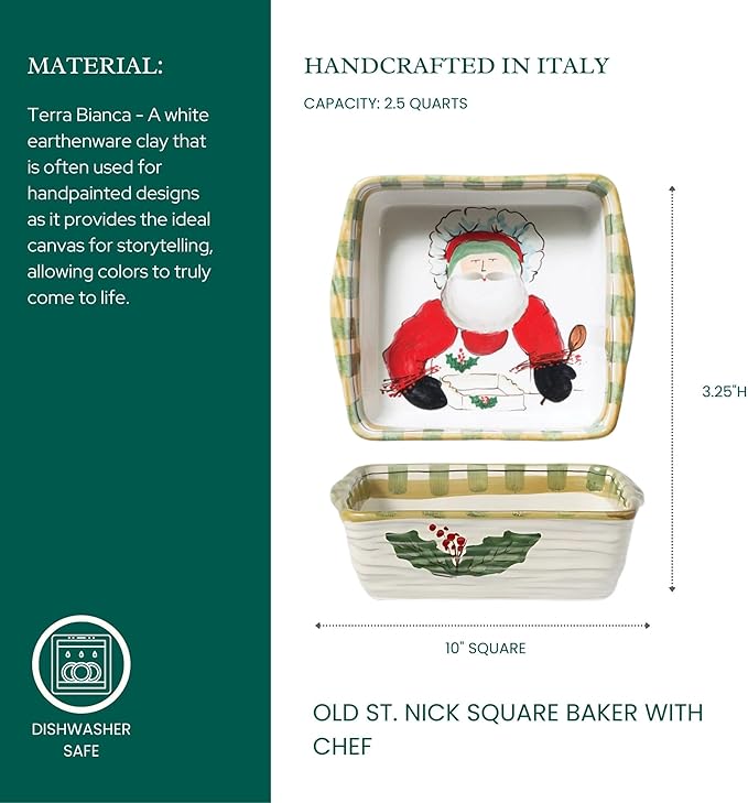 Vietri Old St. Nick Square Baker with Chef, Christmas Oven Baking Dish, 10" Square Earthenware Bake & Serve Pan, Multi-Color