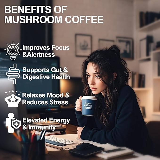 2025 NEW Mushroom Coffee, Organic 6 Mushrooms with Lion's Mane, Reishi, Cordyceps, Shiitake, King Trumpet & Turkey Tail, Instant Coffee Powder, 30 Servings 1 Pack