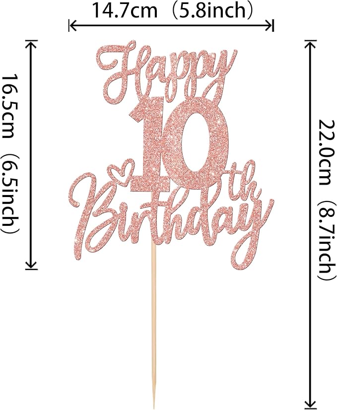 1 PCS Happy 10th Birthday Cake Topper Glitter Cheers to 10 Years Birthday Cake Pick Ten 10 Fabulous Cake Decoration for Happy 10th Birthday Anniversary Theme Party Decorations Supplies Rose Gold