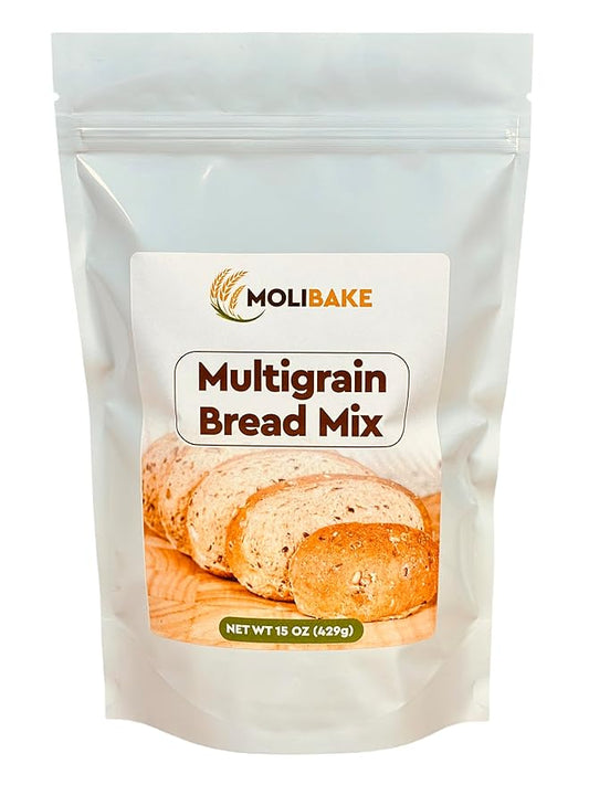 Molibake Multigrain Bread Mix ??Premium All-Natural Baking Mix for Bread Machine and Oven ??15 oz ??Gourmet Blend with Sunflower Seeds, Brown Flax, Pumpkin Seeds, Oat Flakes, Rye, Barley Malt, Wheat Bran ??Easy-to-Use Bread Maker Mix for Homemade Baking