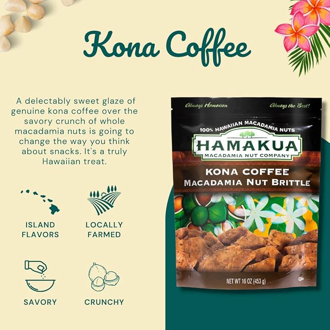 Hamakua Macadamia Nuts - Sweet Glazed Kona Coffee - Hawaiian Grown Flavored Dry Roasted Half and Whole Macadamias - Natural Eco-Friendly Large Macadamia Nuts