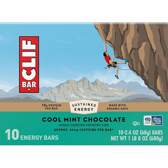 CLIF BAR - Cool Mint Chocolate with Caffeine - Made with Organic Oats - Energy Bars - Non-GMO - Plant Based Protein Bars (10 Pack)