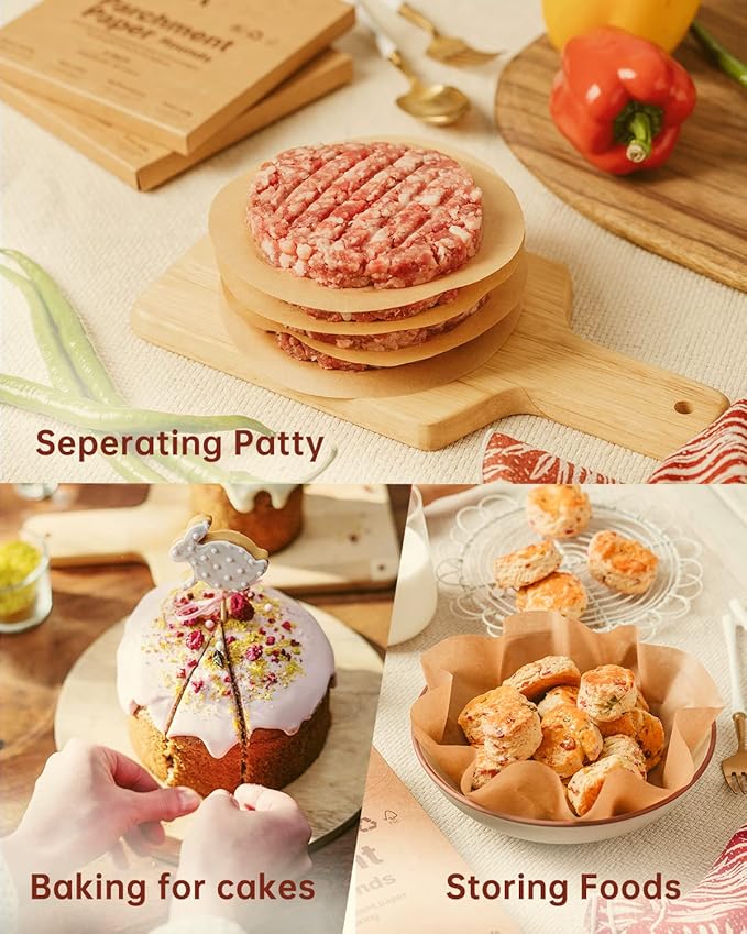 Katbite 200Pcs 9 Inch Parchment Paper Rounds, Unbleached & Non-stick, Precut Parchment Circles for Cheesecake Spring Pans, Storage/Freezing Hamburger Patties