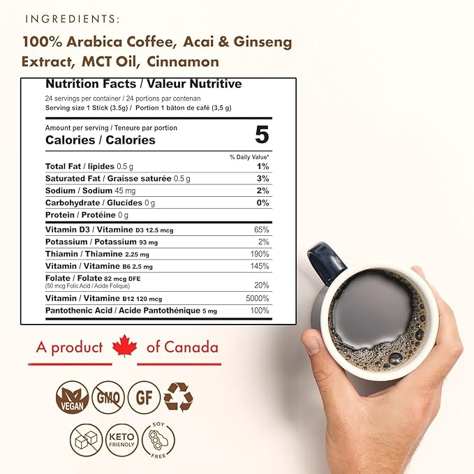 Sollo Brain Power Instant Coffee Sticks (24 Servings) Cinnamon Notes - Dark Roast, Enhanced Brain Function & Immune Support, Focus, Bold & Smooth Taste, 100% Arabica Freeze Dry.