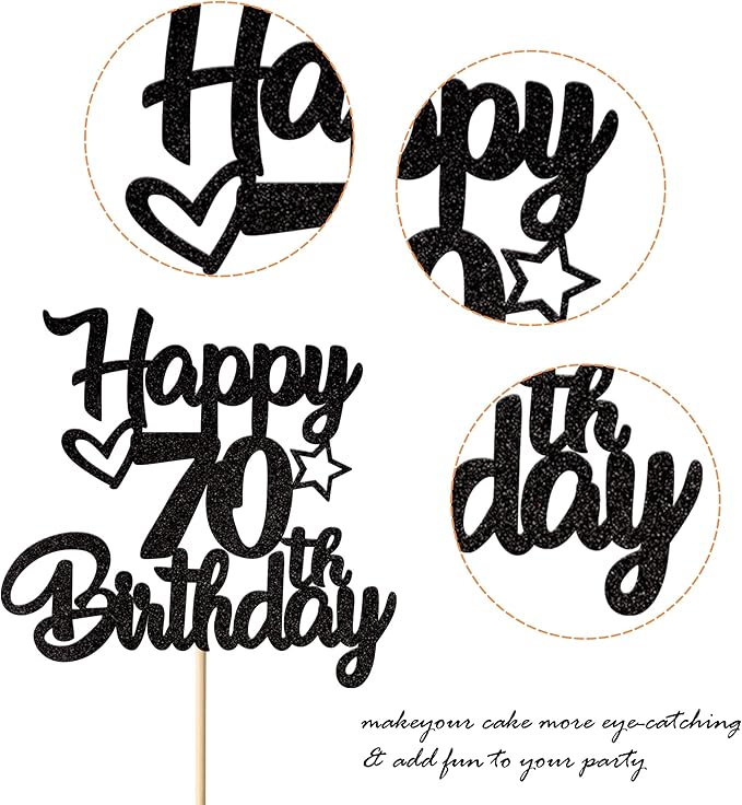1 Pack Happy 70th Birthday Cake Topper Glitter Heart Star 70 Fabulous Cake Pick Birthday Sign Cake Decorations for Children 70th Birthday Theme Party Supplies Black