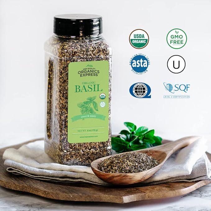 HQOExpress Organic Basil Medium Cut – Non GMO, Kosher, USDA Certified Organic Basil Leaves, Dried and Ground – Peppery and Aromatic Seasoning for Soups, Sauces, Dressings and Salads, 6 oz. Chef Jar