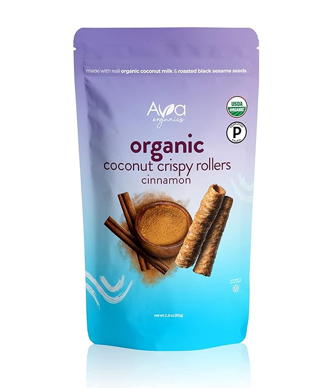 Cinnamon Coconut Crispy Rollers (2.8 oz bags) Ava Organics - Gluten Free, Non-GMO, Kosher, Vegetarian & Certified Paleo Lightly Sweetened Baked Coconut Crisps (Pack of 8)