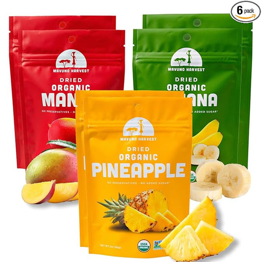 Mavuno Harvest Organic Dried Fruit Variety Pack | Dried Mango, Pineapple, and Banana | Healthy, Vegan, No Sugar Added, Non GMO Snacks for Kids & Adults | 2 Ounce, Pack of 6