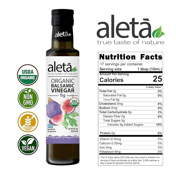 Aleta Farms Fig Balsamic Vinegar, Greek Organic Flavored Vinegar, USDA Organic, Perfect for Salad Dressings, Pasta, Desserts & Cocktails, Naturally Gluten Free, 8.45 fl oz (Fig)