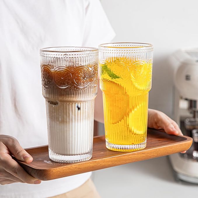 INSETLAN 20oz Ribbed & Floral Glasses Drinking Set of 6- Clear Glass Tumbler, Reusable Glass Cups for Iced Coffee, Water, Beer, Smoothies, Tea, and Juice ??Perfect for Party and Daily Use