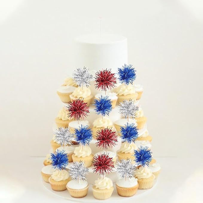 30 PCS Foil Firework Cupcake Toppers Sparkle Tinsel Cupcakae Picks 4th of July Decorations Cocktail Fruit Toothpick for Fireworks Theme Birthday Wedding Graduation Party Decor Supplies Blue Red Silver