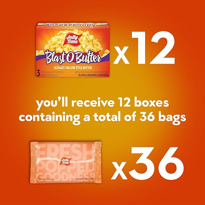 Jolly Time Blast O Butter, Ultimate Movie Theater Butter Microwave Popcorn, 3.2oz Sharing Bag, 3 Bags Per Carton (Blast O Butter, 3.2 Ounce (Pack of 36))
