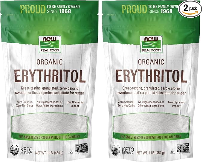 NOW Foods, Organic Erythritol, Pleasant Sweetner for Reduced-Calorie and Sugar-Free Recipes, Zero-Calorie, Low Glycemic Impact, 1-Pound (Packaging May Vary) (Pack of 2)